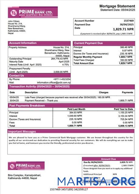 Printable Nepal Prime Commercial Bank mortgage statement Word and PDF template